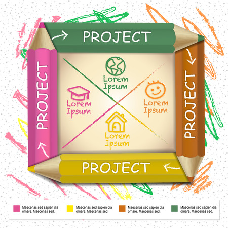 creative template infographic with colorful pencils and flow chart over hand drawn backgroundのイラスト素材