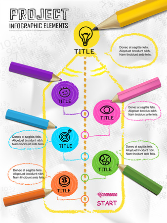 hand drawn style infographic with colorful pencils drawing flow chart over hand drawn backgroundのイラスト素材