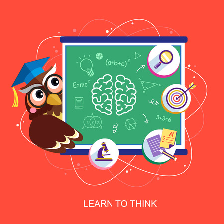 flat design for learn to think concept with an owl over redのイラスト素材