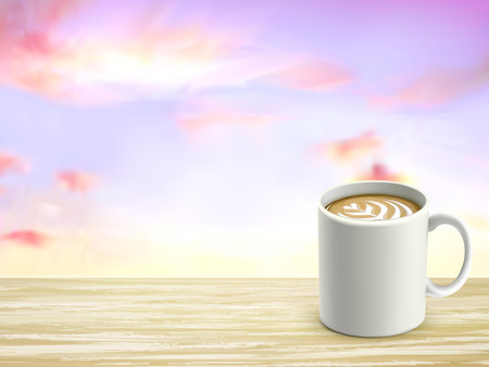 closeup look of wooden desk and coffee over skyのイラスト素材