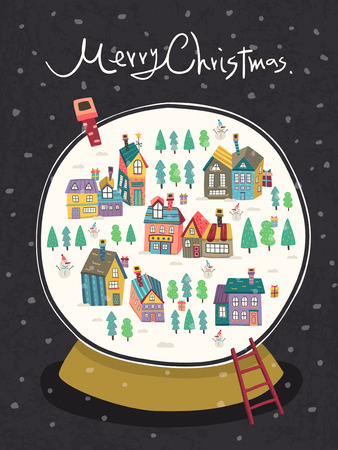closeup look at Christmas snow globe over black のイラスト素材