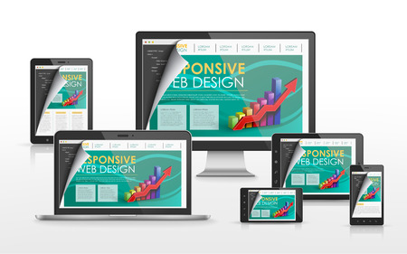 responsive web design concept in flat screen TV, tablet, smart phone and laptop