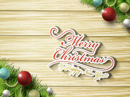 Merry Christmas word and decorations over wooden tableのイラスト素材