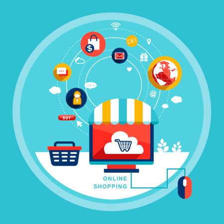 online shopping concept with related elements in flat designのイラスト素材