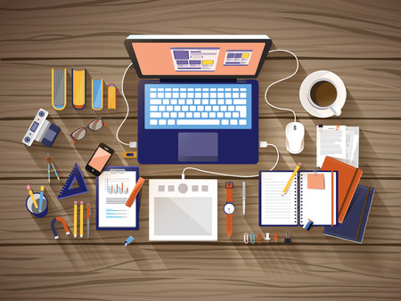 top view of working place in flat design over wooden tableのイラスト素材