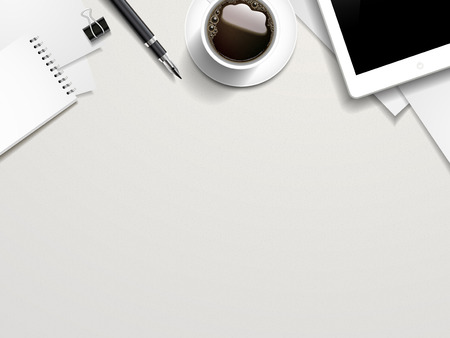 top view of working place elements on white table top view of working place elements on white table