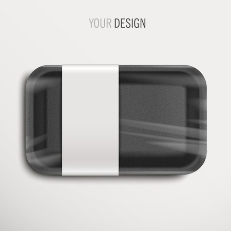 empty wrapped black food tray with label over white backgroundのイラスト素材