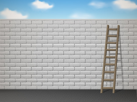 wooden ladder leans on white brick wall over blue skyのイラスト素材