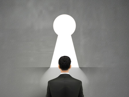 businessman walking to open keyhole over grey wallのイラスト素材