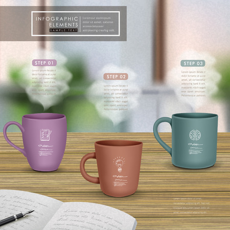 creative infographic template design with mugs on wooden tableのイラスト素材