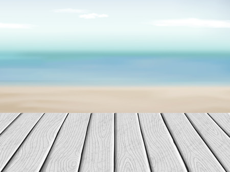 wooden floor with blurred beach and blue sky sceneryのイラスト素材