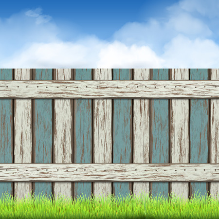 wooden fence with green grass and blue sky backgroundのイラスト素材