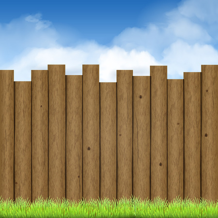 wooden fence with green grass and blue sky backgroundのイラスト素材