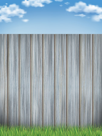 wooden fence with green grass and blue sky backgroundのイラスト素材