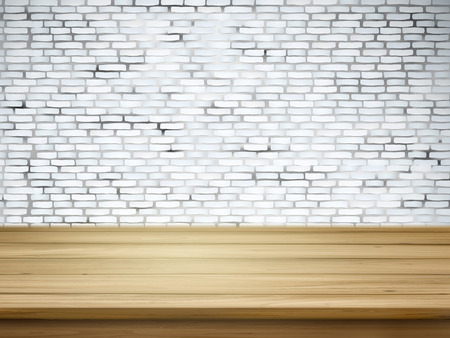 close-up look at wooden table over white brick wallのイラスト素材