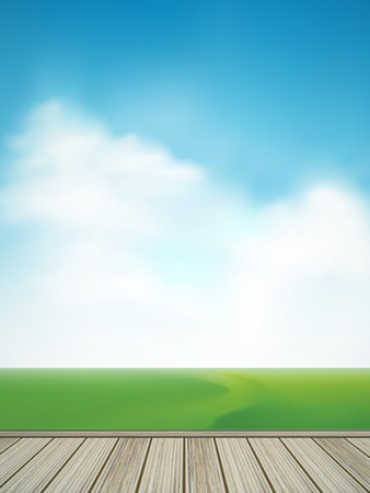 table of wood and rural landscape backgroundのイラスト素材