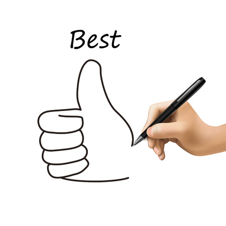 best word and thumb up icon drawn by 3d hand over whiteのイラスト素材