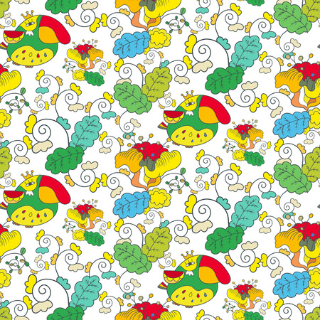 seamless pattern background with flowers and birds over whiteのイラスト素材