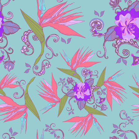 modern bird of paradise flowers seamless pattern over blue backgroundのイラスト素材