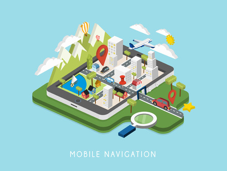flat 3d isometric mobile navigation illustration over blue backgroundのイラスト素材