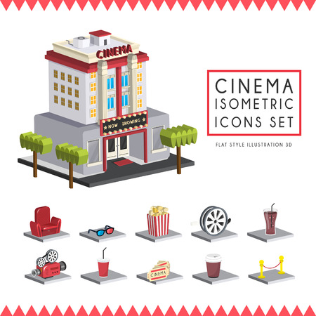 flat 3d isometric cinema icons set illustration over white backgroundのイラスト素材