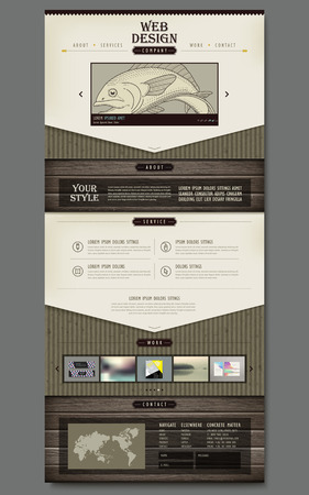 retro one page website design with hand drawn fish and wooden texture elementsのイラスト素材