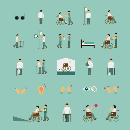disabled people care help flat icons set over turquoise backgroundのイラスト素材