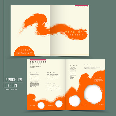 simplicity half-fold brochure design with orange calligraphy stroke backgroundのイラスト素材
