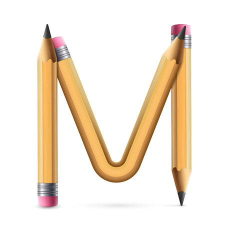 3d yellow pencil alphabet M isolated on white backgroundのイラスト素材