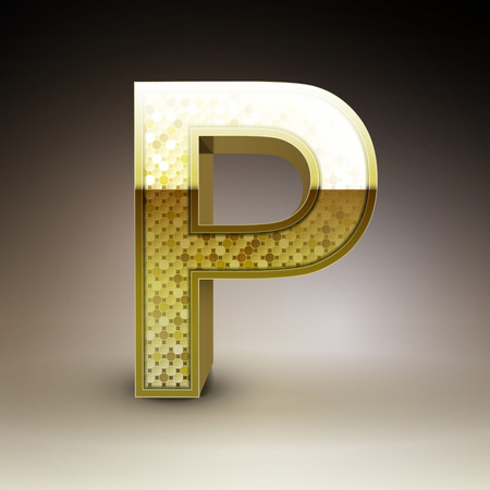 3d golden sequins letter P isolated on brown backgroundのイラスト素材