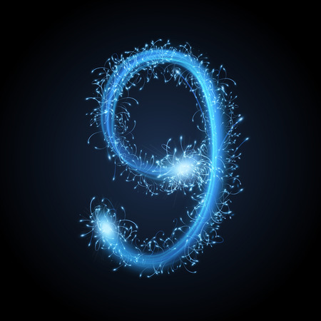 3d blue sparkler firework number 9 isolated on black backgroundのイラスト素材