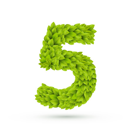 3d green leaves number 5 isolated on white backgroundのイラスト素材