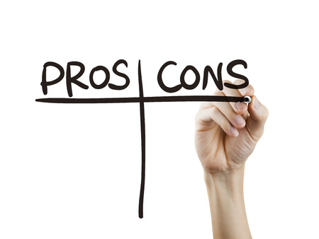 pros and cons words written by hand on a transparent boardの写真素材