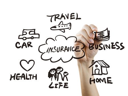 presentation of insurance drawn by hand on a transparent boardの写真素材