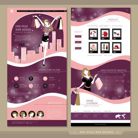 shopping concept one page website template design with women carrying shopping bagsのイラスト素材