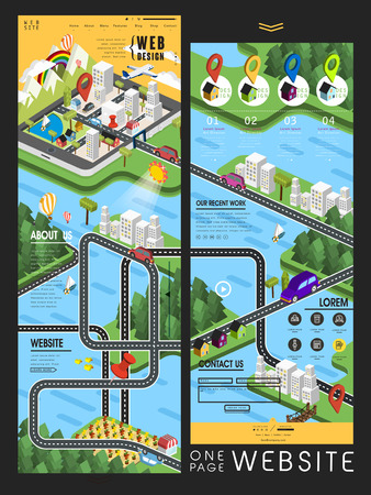 lovely modern one page website template design with little town surrounded by forestのイラスト素材