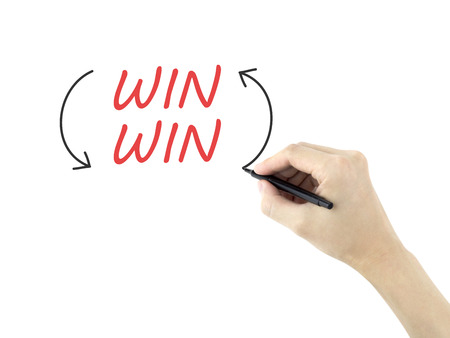 win win words written by man's hand over whiteの写真素材