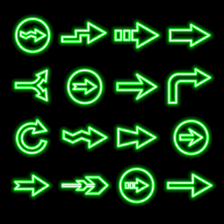 modern fluorescent green arrows set isolated on blackのイラスト素材