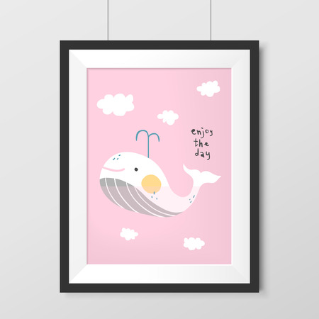 adorable painting with lovely whale hanging on the wallのイラスト素材