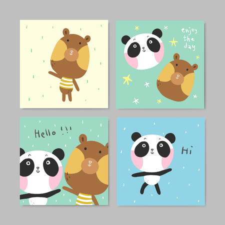 set of adorable greeting cards with lovely bear and panda in different colorsのイラスト素材