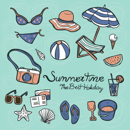 lovely summertime essentials in colorful hand drawn styleのイラスト素材