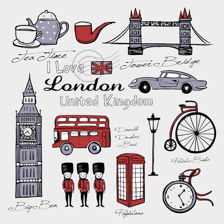 travel concept: United Kingdom famous things and landscapes in hand drawn styleのイラスト素材