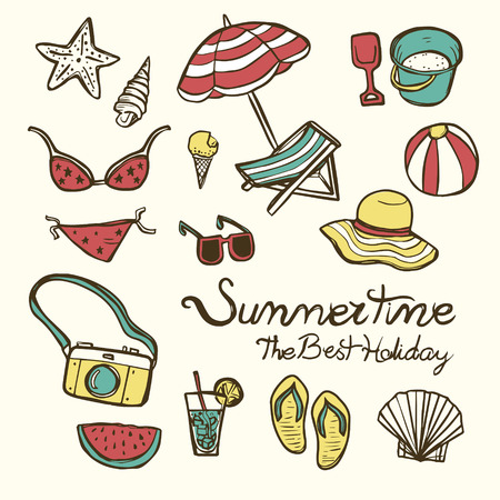 lovely summertime essentials in colorful hand drawn styleのイラスト素材