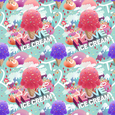 attractive colorful ice cream town seamless patternのイラスト素材