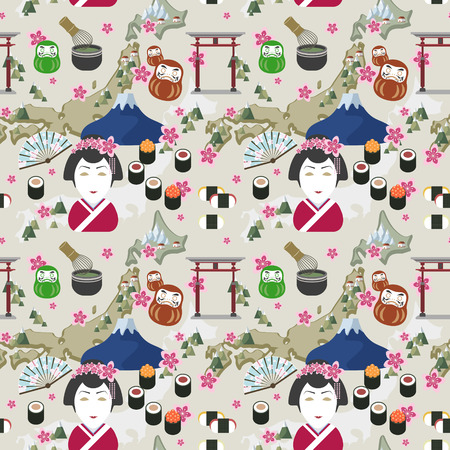 elegant flat design seamless pattern with traditional japan culture representative thingsのイラスト素材