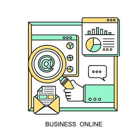 business online concept: a hand holding a magnifying glass in line styleのイラスト素材
