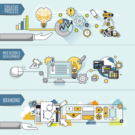business concept: creative process-web design and development-branding in thin line styleのイラスト素材