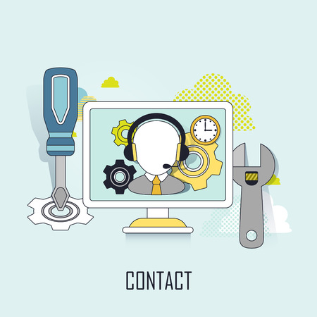 contact service concept: a man wearing a headphone in line styleのイラスト素材