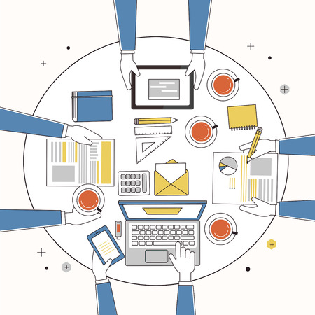 working place of creative team in thin line styleのイラスト素材