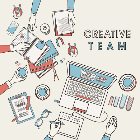 working place of creative team in flat line designのイラスト素材